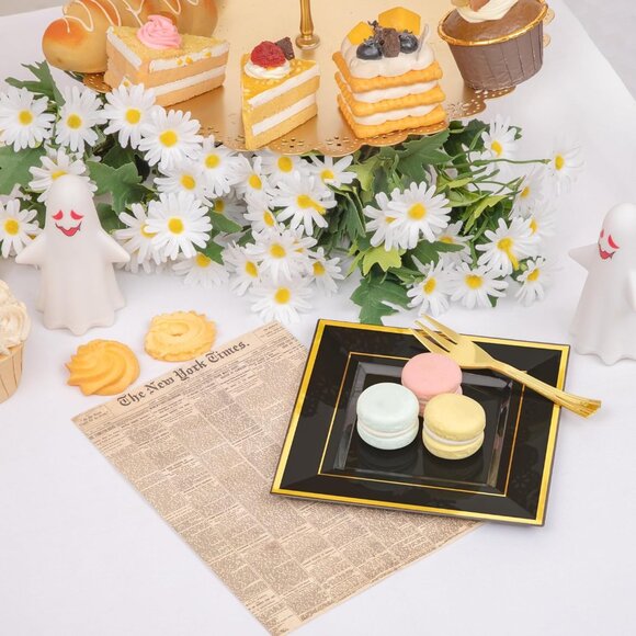 200PCS Black and Gold Plastic Dessert Plates with Plastic Forks -6’’ 100 Square - Picture 2 of 7